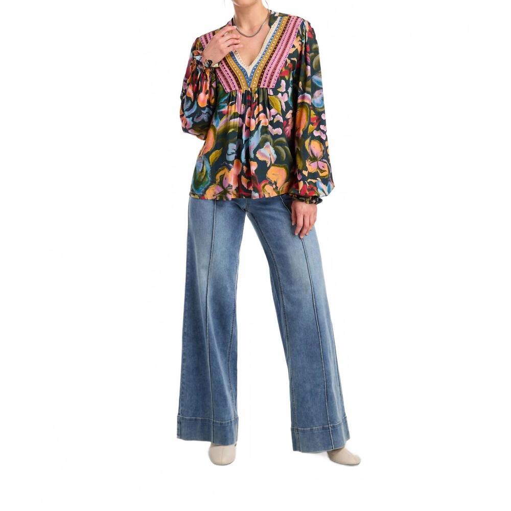 NEW FDJ v-neck mixed media top in garden camouflage